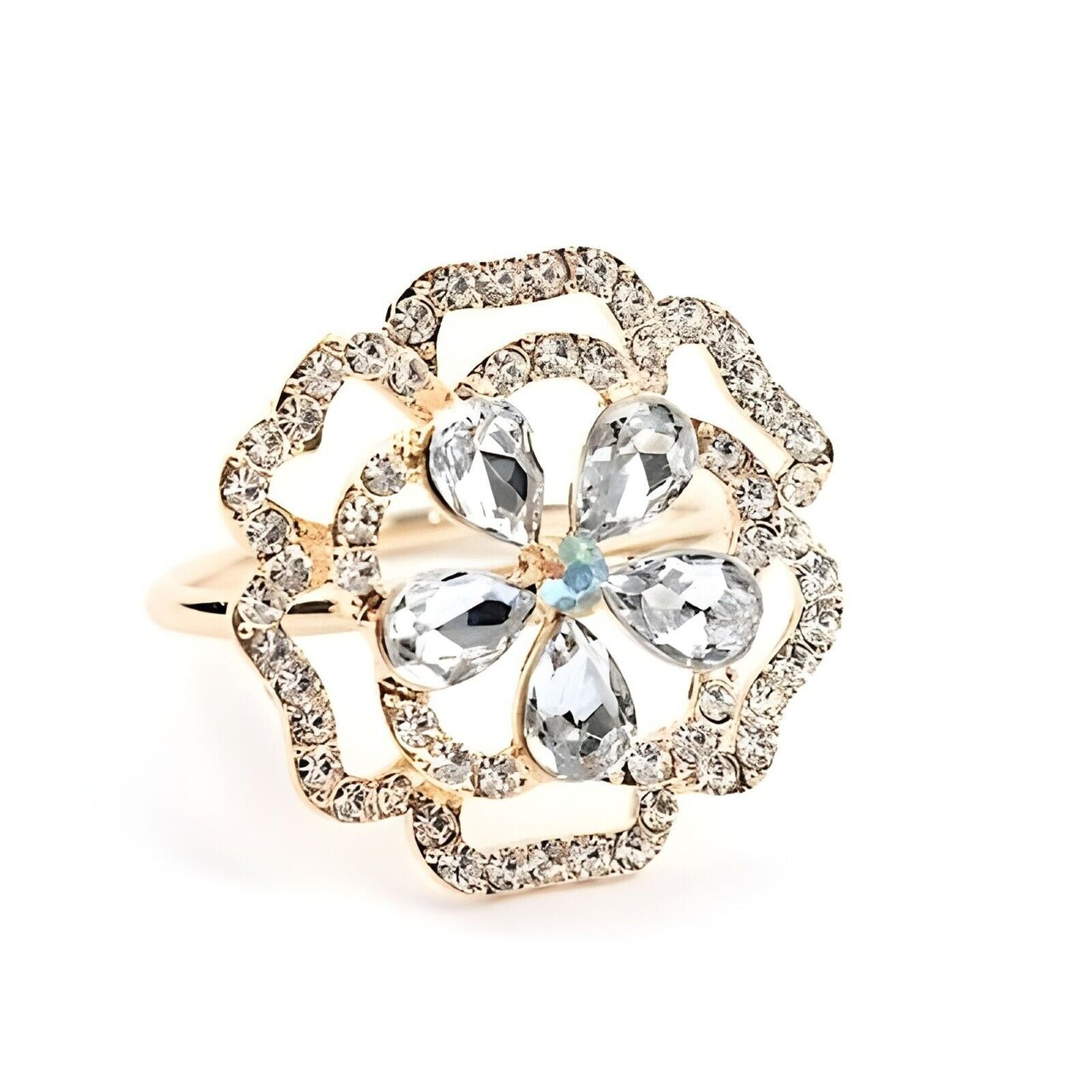 4 Gold Metal Rose Flower Napkin Rings Rhinestones Party Events Home Decorations